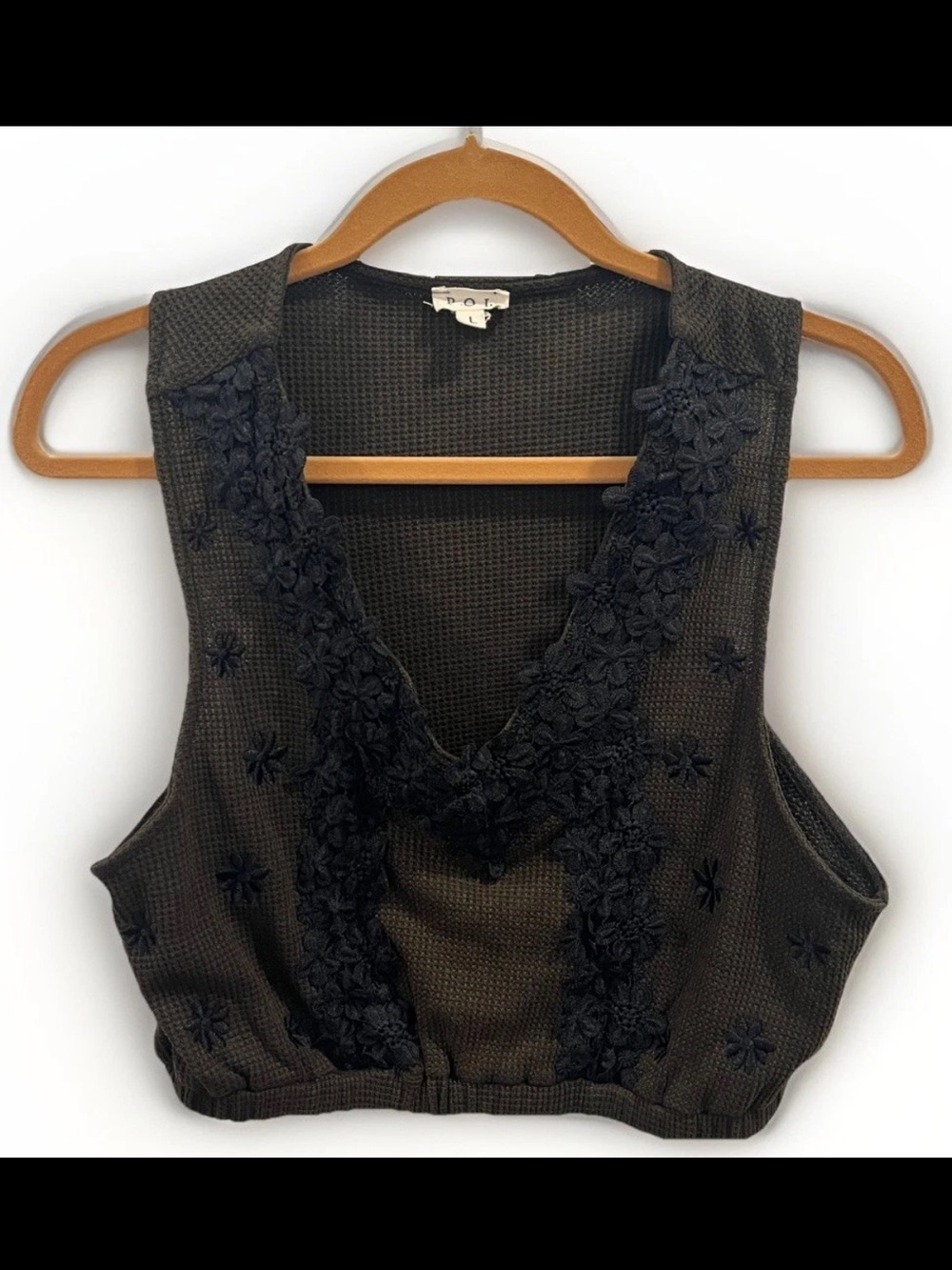 POL Black Waffle Knit Crochet Trim Crop Top Boho Sleeveless Women’s Large